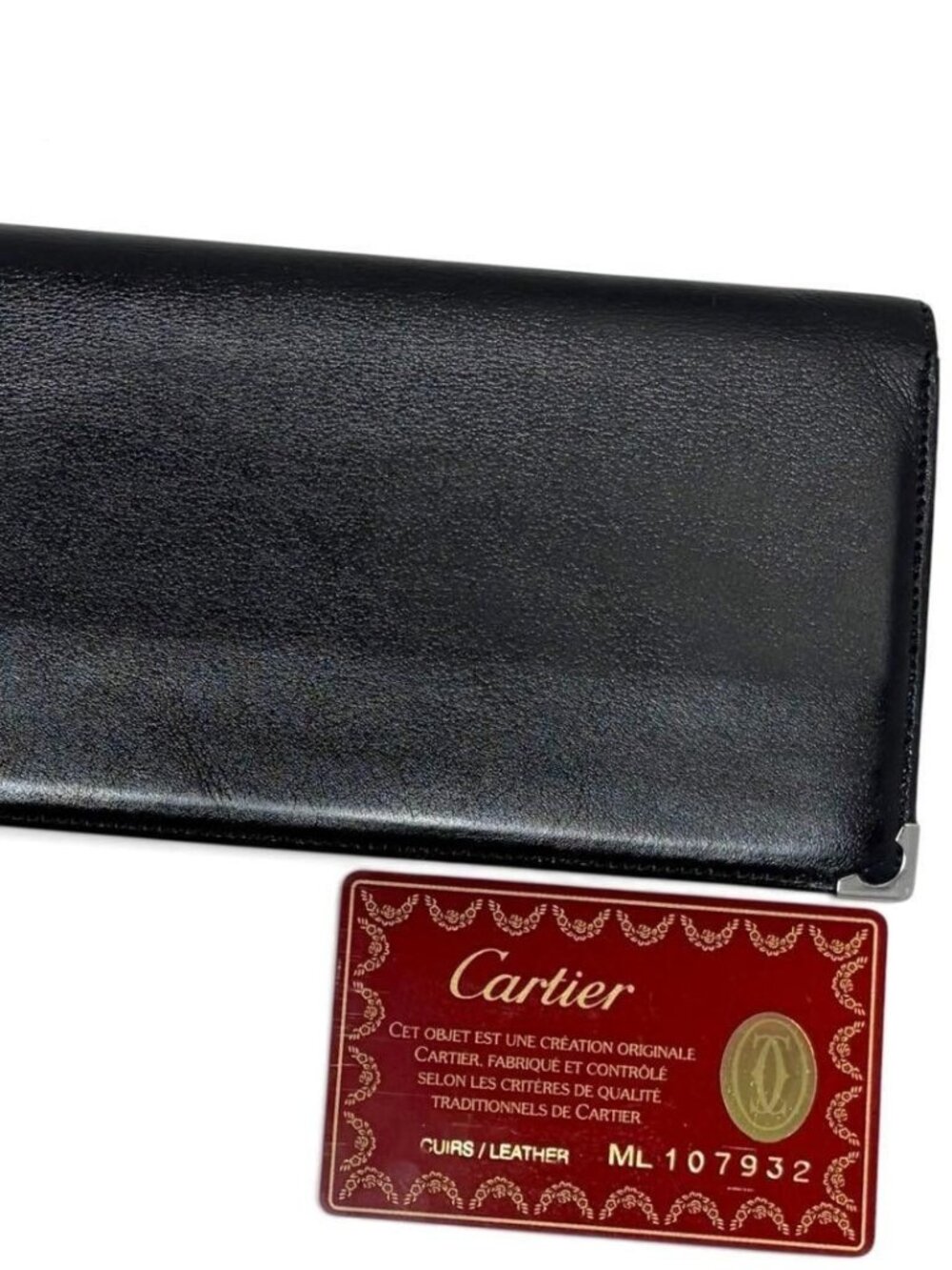 Excellent Cartier Black Leather Long Wallet Bill/Card Case w/ Card